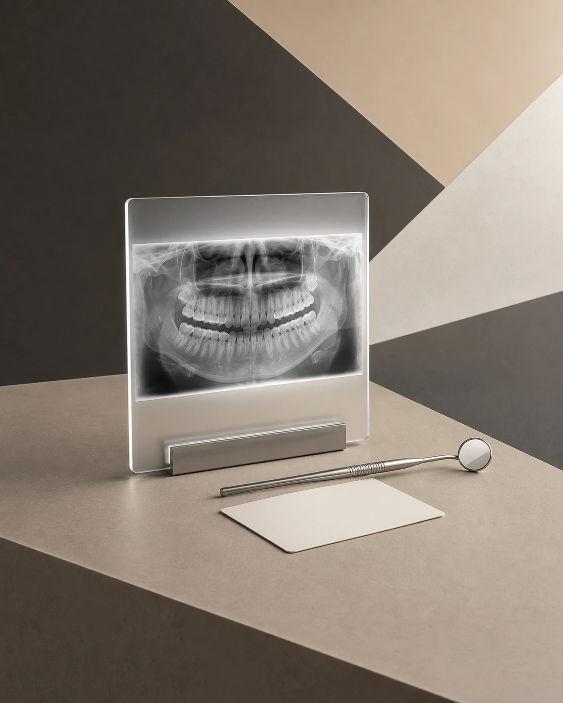Composição editorial com radiografia panorâmica, espelho odontológico e cartão de planejamento
